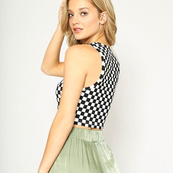 Miss Sparkling NEW Cropped Checkered Printed Rib Knit Tank in Black - Picture 4 of 6